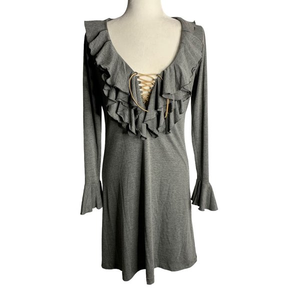 Union of Angels Dresses & Skirts - Union of Angels Ruffle Front Sheath Dress M Grey Leather Lace Up Stretch Knit